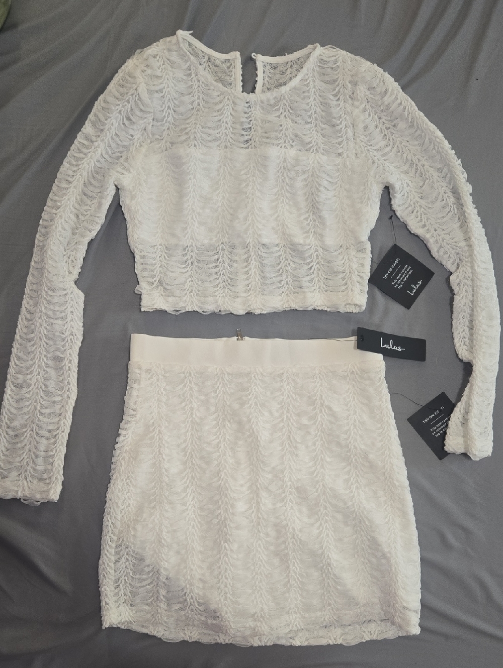 Lulu's White Textured Two-Piece Lace Crop Top & Mini Skirt Set